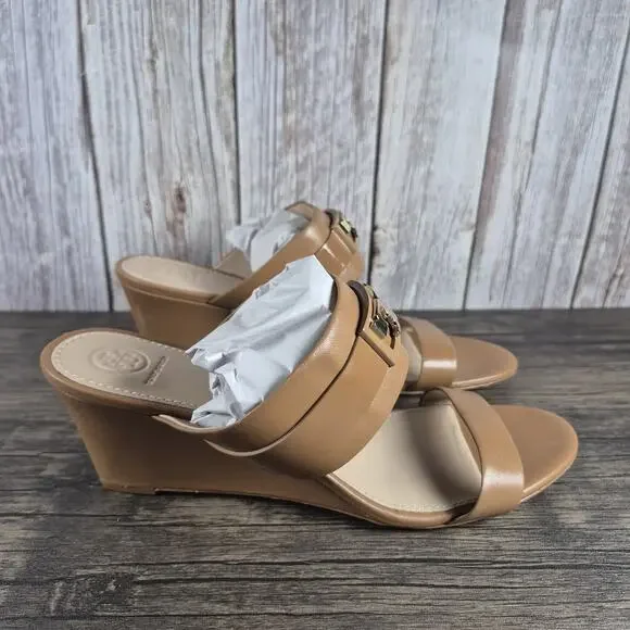 Tory Burch GIGI 65mm Wedge Royal Tan Leather Sandals Open Toe Women's Sz 11 M - Picture 3 of 9